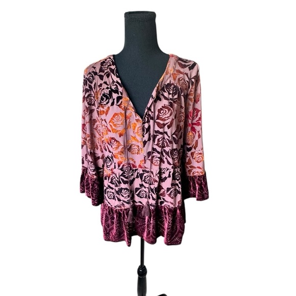 RXB Burnout Velvet Floral Peasant Blouse Boho Romantic Top L H - Picture 1 of 10